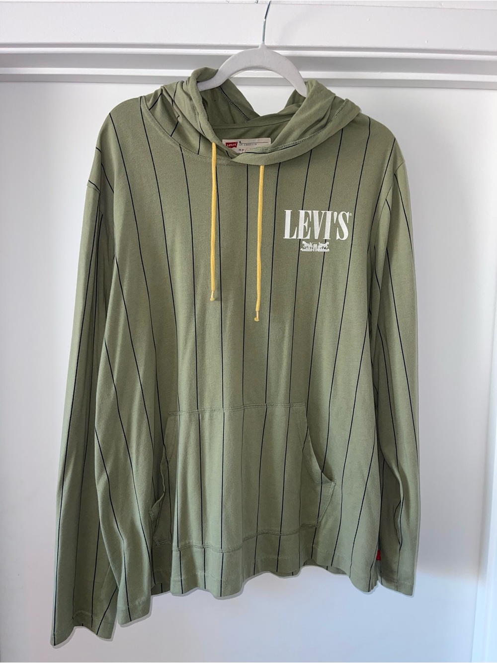 Levi's Olive Green Pinstripe Hoodie with Yellow Drawstrings